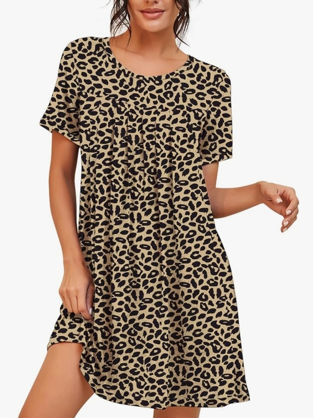 Leopard Print Short Sleeve Mini Dress - Tan/Black Size Med